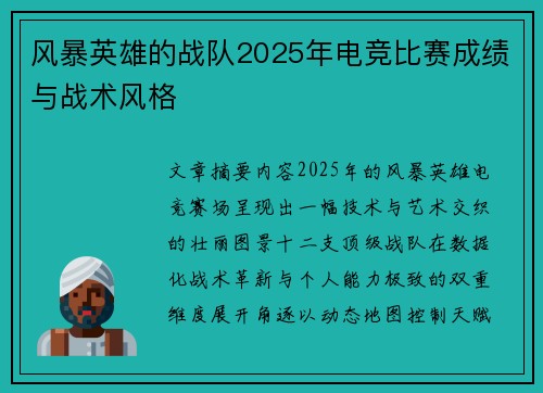 风暴英雄的战队2025年电竞比赛成绩与战术风格